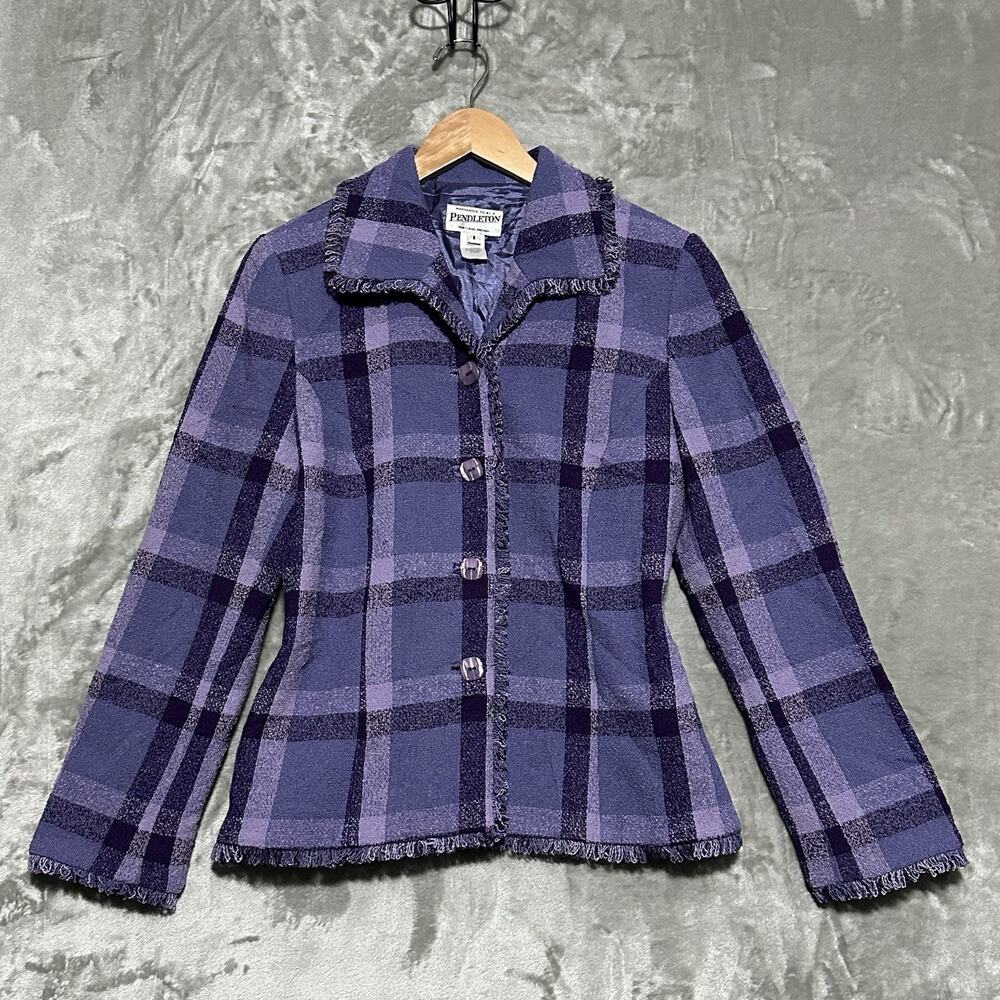 Pendleton Womens Plaid Wool Tweed Blazer Jacket Size 8 Purple Preppy Maximalist